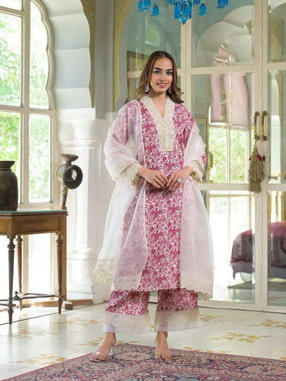Dhiyona KL Women Cream and pink Viscose Rayon Kurta With Trousers & Dupatta
