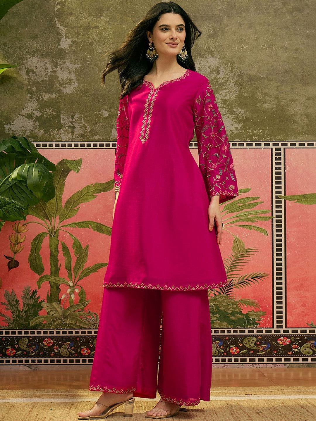 Embroidered V-Neck Kurta & Palazzos