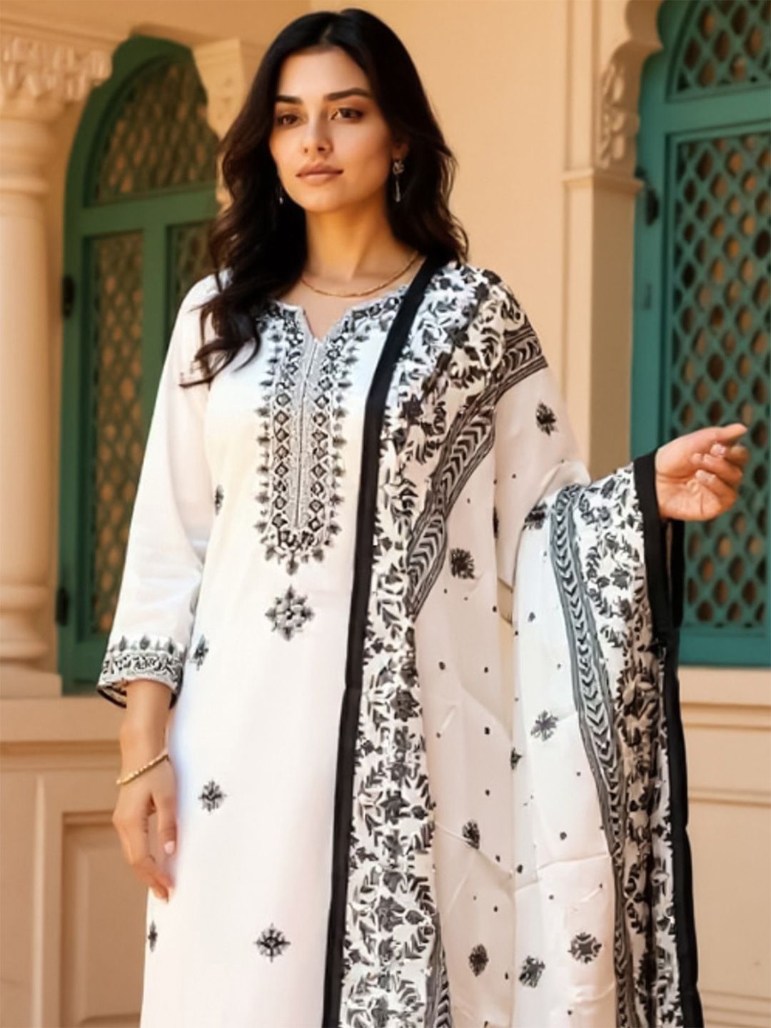 Dhiyona IE Women Embroidered Sequinned Pure Cotton Kurta with Trousers & Dupatta Kurta Sets