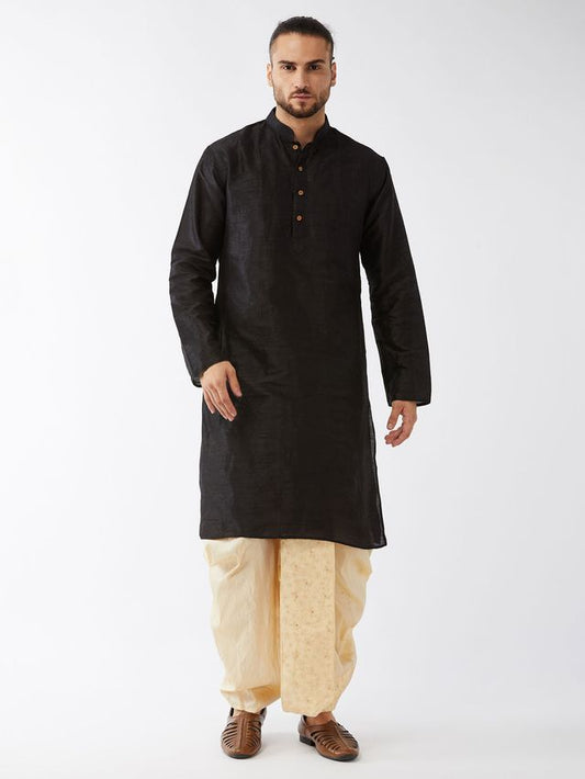 Men's Black Silk Blend Straight Kurta and Dhoti Set