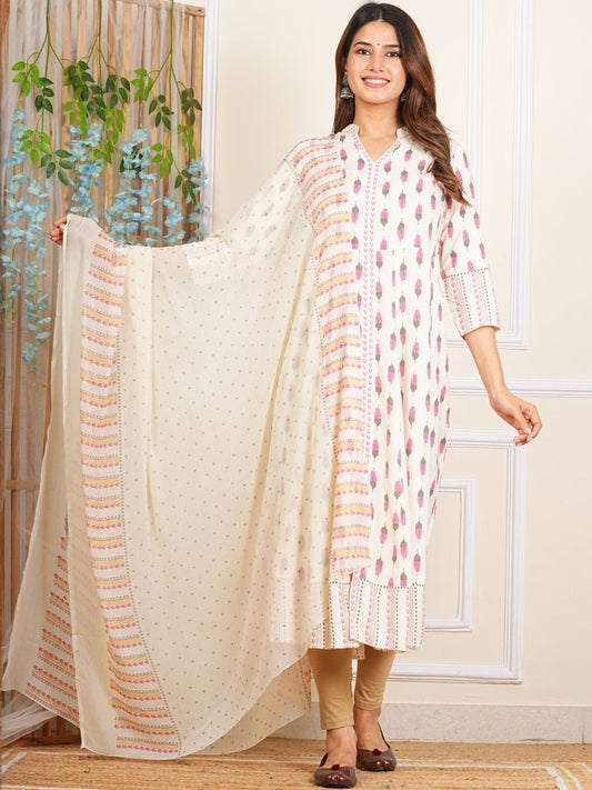 Dhiyona KL Ethnic Motifs Printed Band Collar A-Line Kurta With Leggings And Dupatta