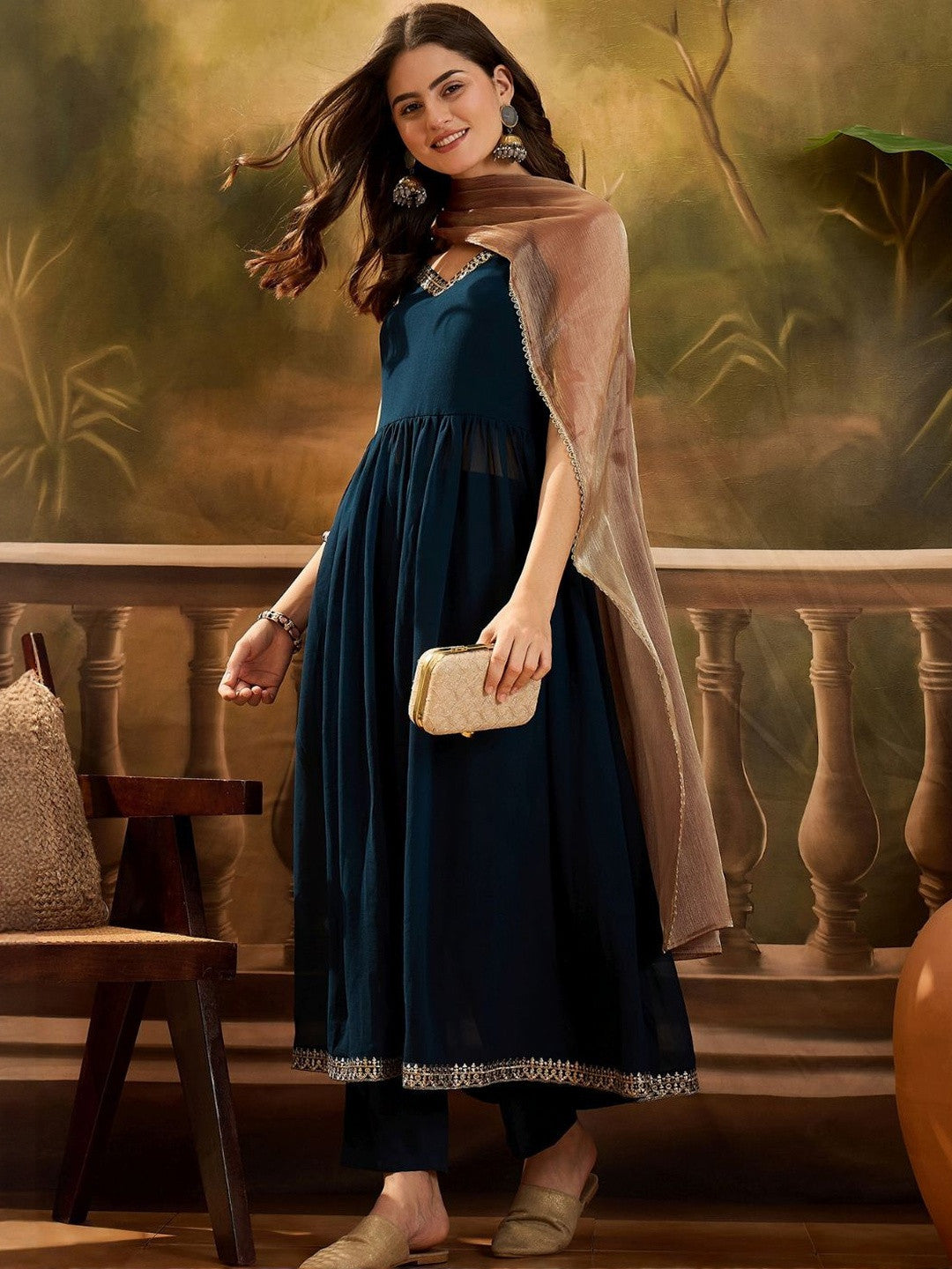 Women Ethnic Motifs Embroidered Empire Kurta with Trousers & With Dupatta