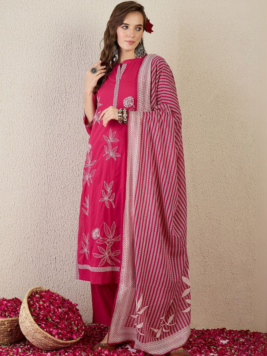 Women Floral Embroidered Regular Beads and Stones Pure Cotton Kurta with Trousers & With Dupatta