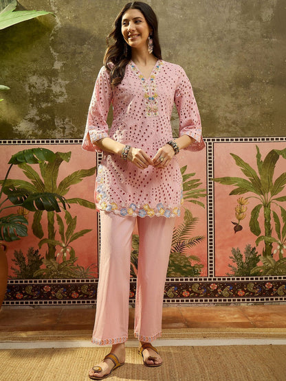 Embroidered Pure Cotton V-Neck Kurti & Trousers