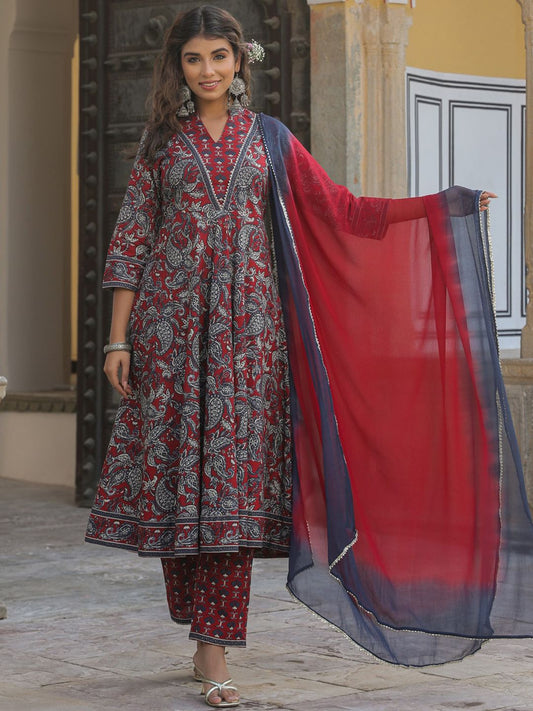 Dhiyona RR Women's Paisley Printed Mandarin Collar Cotton A-Line Kurta With Trousers & Dupatta