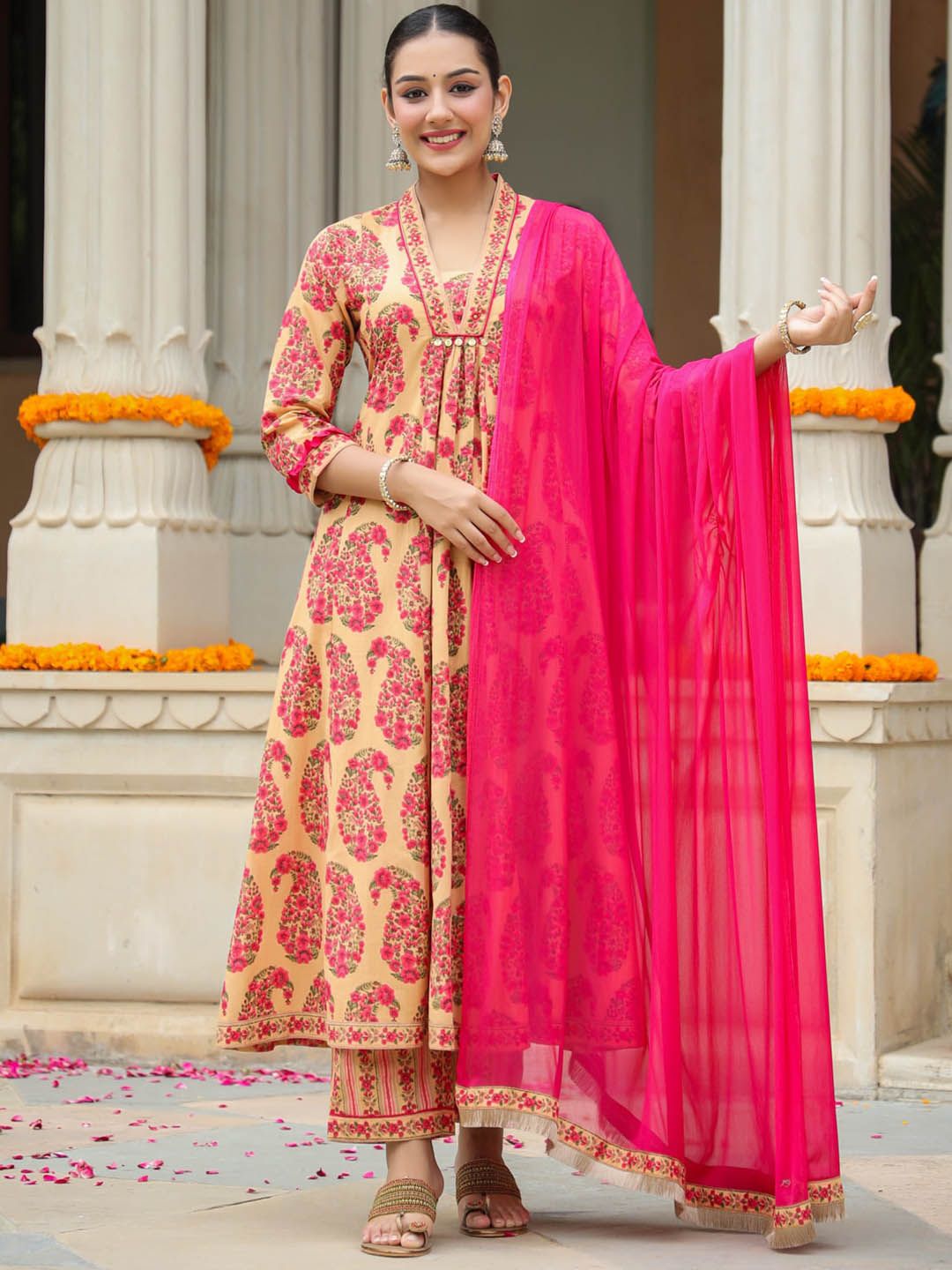 Dhiyona RR Women's Paisley Printed Sequinned Pure Cotton Kurta with Trousers & Dupatta