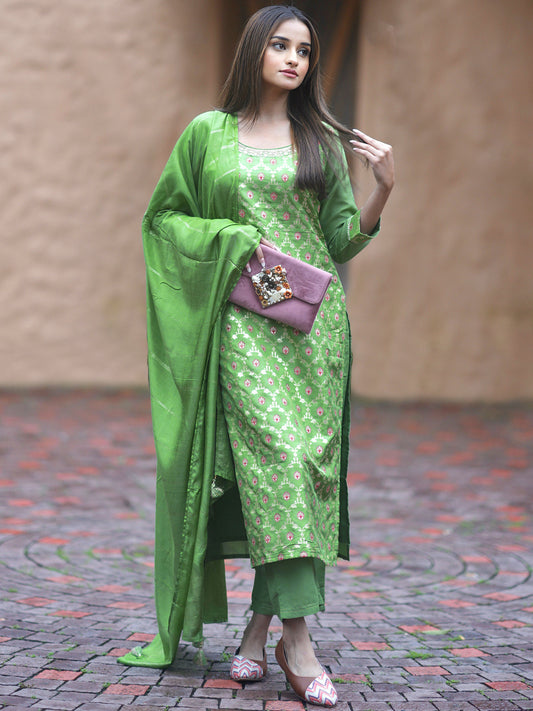 Green Ethnic Motifs Woven Design Kurta with Trousers & With Dupatta