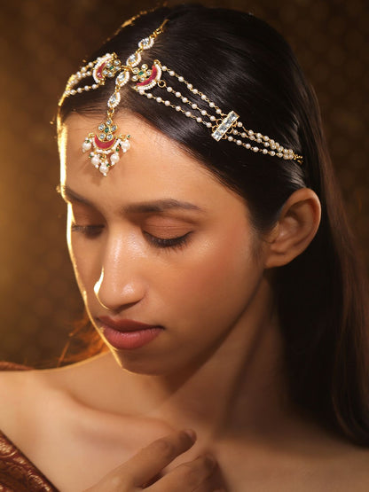 Dhiyona RJ Women's 22K Gold Plated Kundan & Pearl Studded Multi Strand Bridal Mattha Patti Headpiece