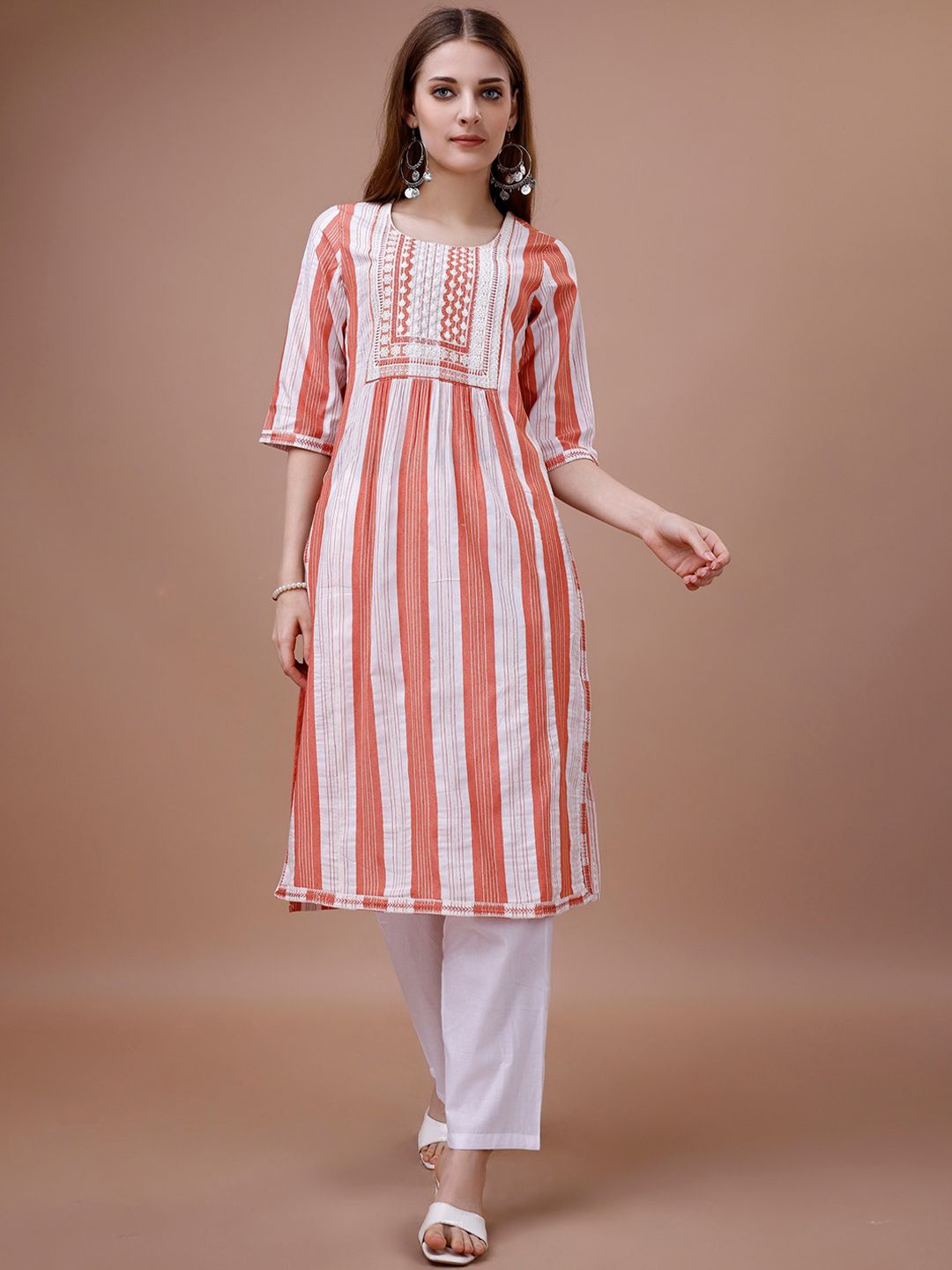 Dhiyona OD  White Striped Straight Kurta
