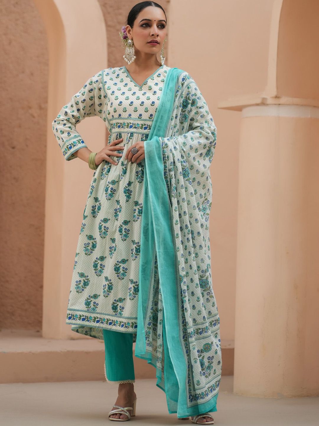 Dhiyona RR Women's Floral Printed Sequinned Pure Cotton A-Line Kurta With Trousers & Dupatta