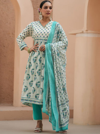 Dhiyona RR Women's Floral Printed Sequinned Pure Cotton A-Line Kurta With Trousers & Dupatta
