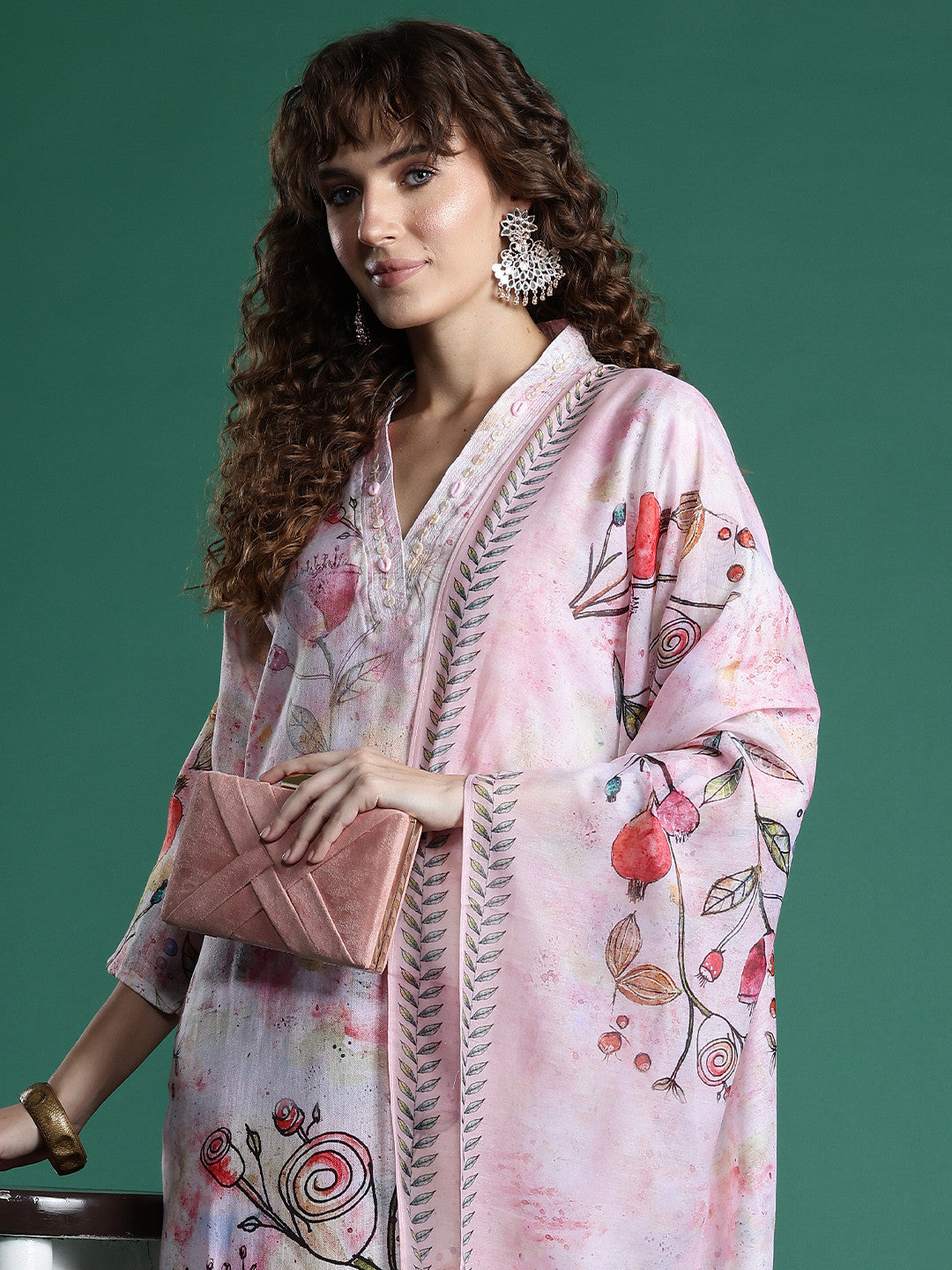 Floral Printed Beads & Stones Chanderi Silk Kurta With Trousers & Dupatta