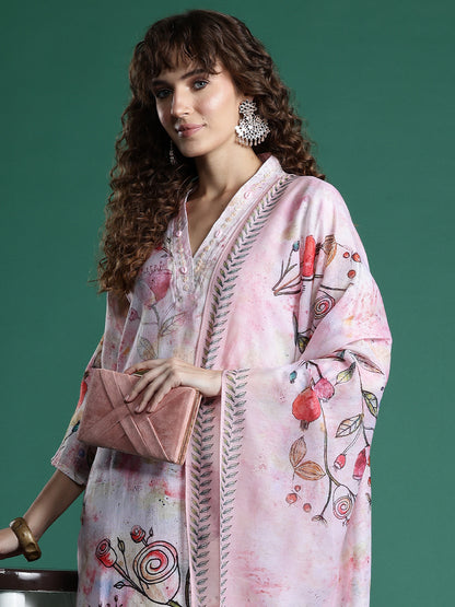 Floral Printed Beads & Stones Chanderi Silk Kurta With Trousers & Dupatta