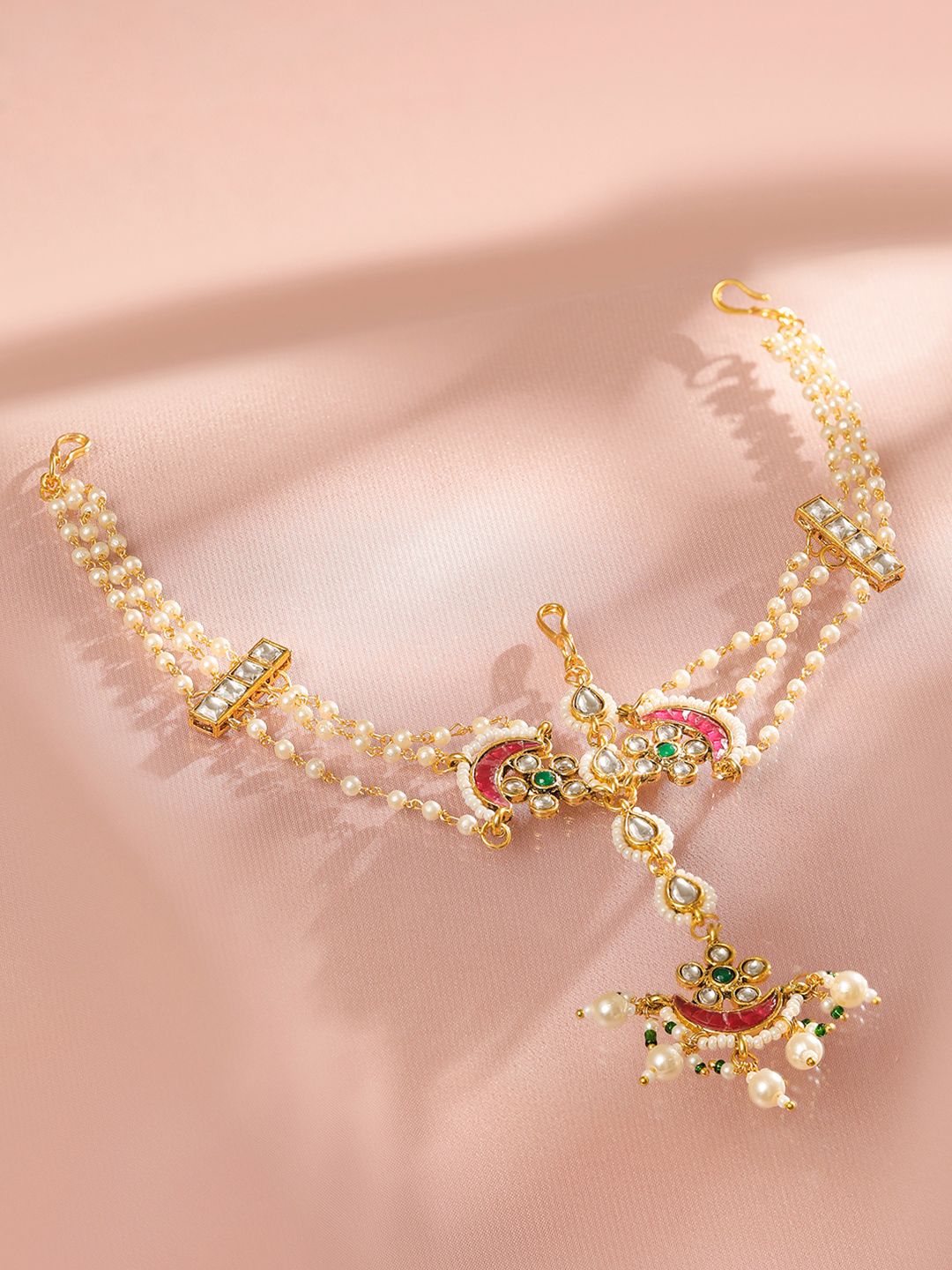 Dhiyona RJ Women's 22K Gold Plated Kundan & Pearl Studded Multi Strand Bridal Mattha Patti Headpiece