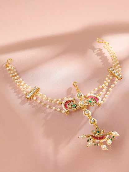 Dhiyona RJ Women's 22K Gold Plated Kundan & Pearl Studded Multi Strand Bridal Mattha Patti Headpiece