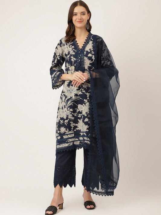 Dhiyona KL Floral Printed V-Neck Pure Cotton Straight Kurta & Trousers With Dupatta