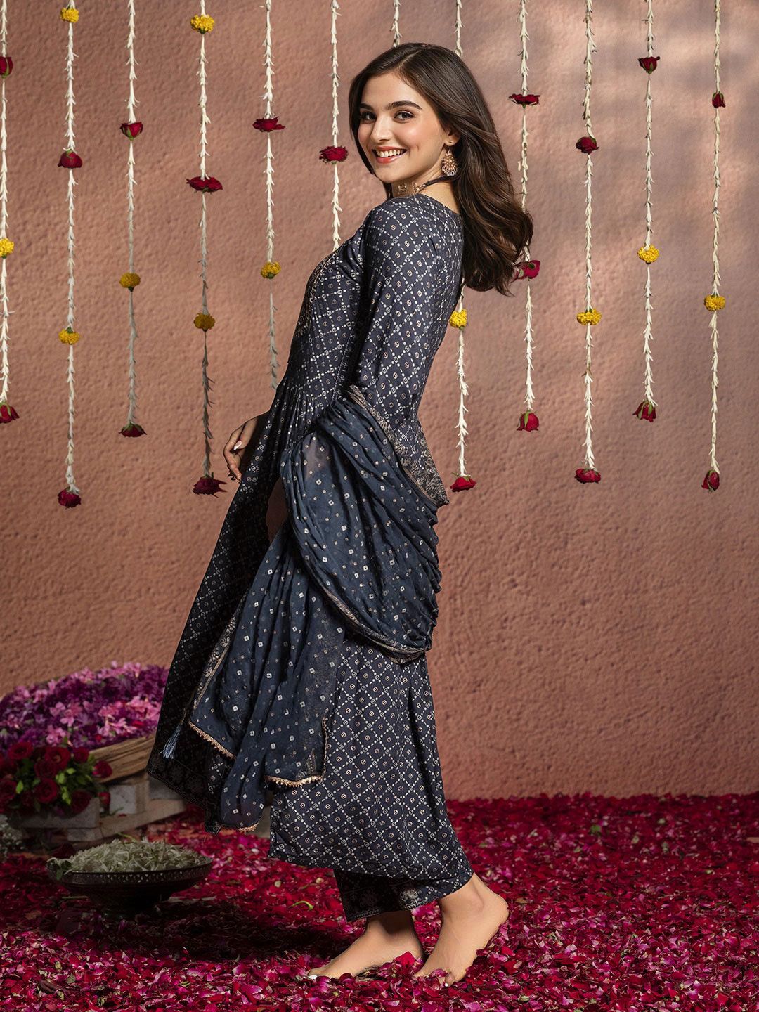 Dhiyona IS Women's Embroidered Pleated Kurta & Trousers With Dupatta