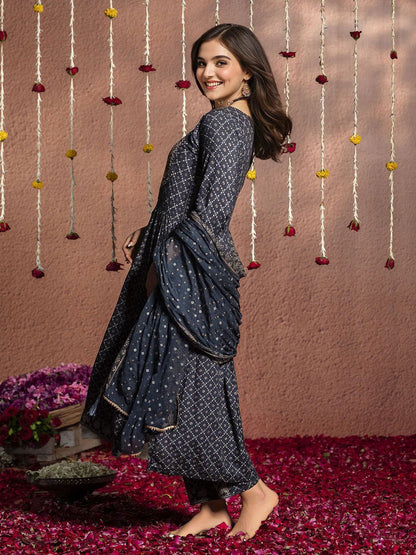 Dhiyona IS Women's Embroidered Pleated Kurta & Trousers With Dupatta