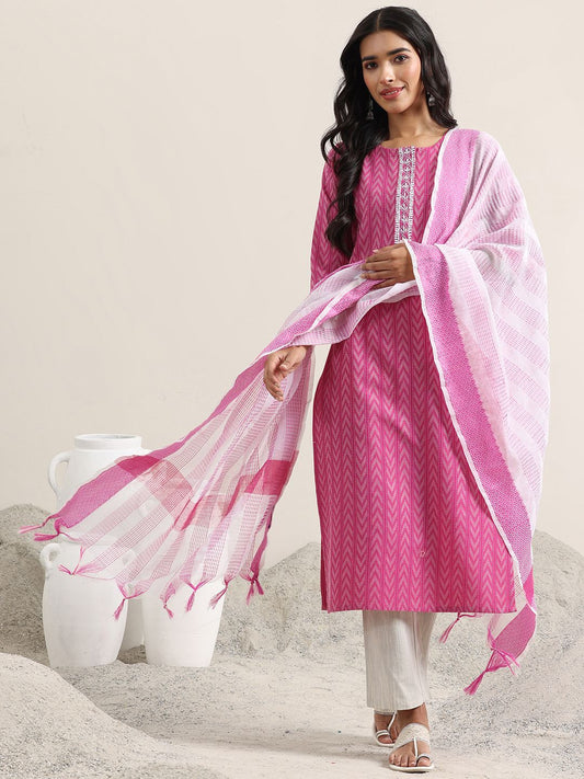 Chevron Woven Design Straight Kurta with Trousers & Dupatta
