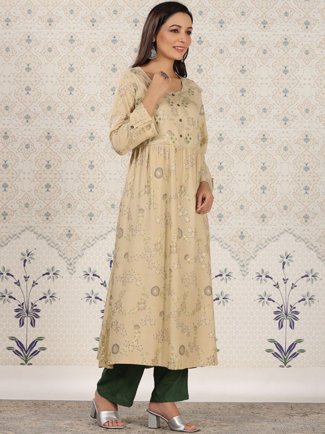 Dhiyona OD  Ethnic motifs Printed Mirror Work Detailed A-Line Kurta