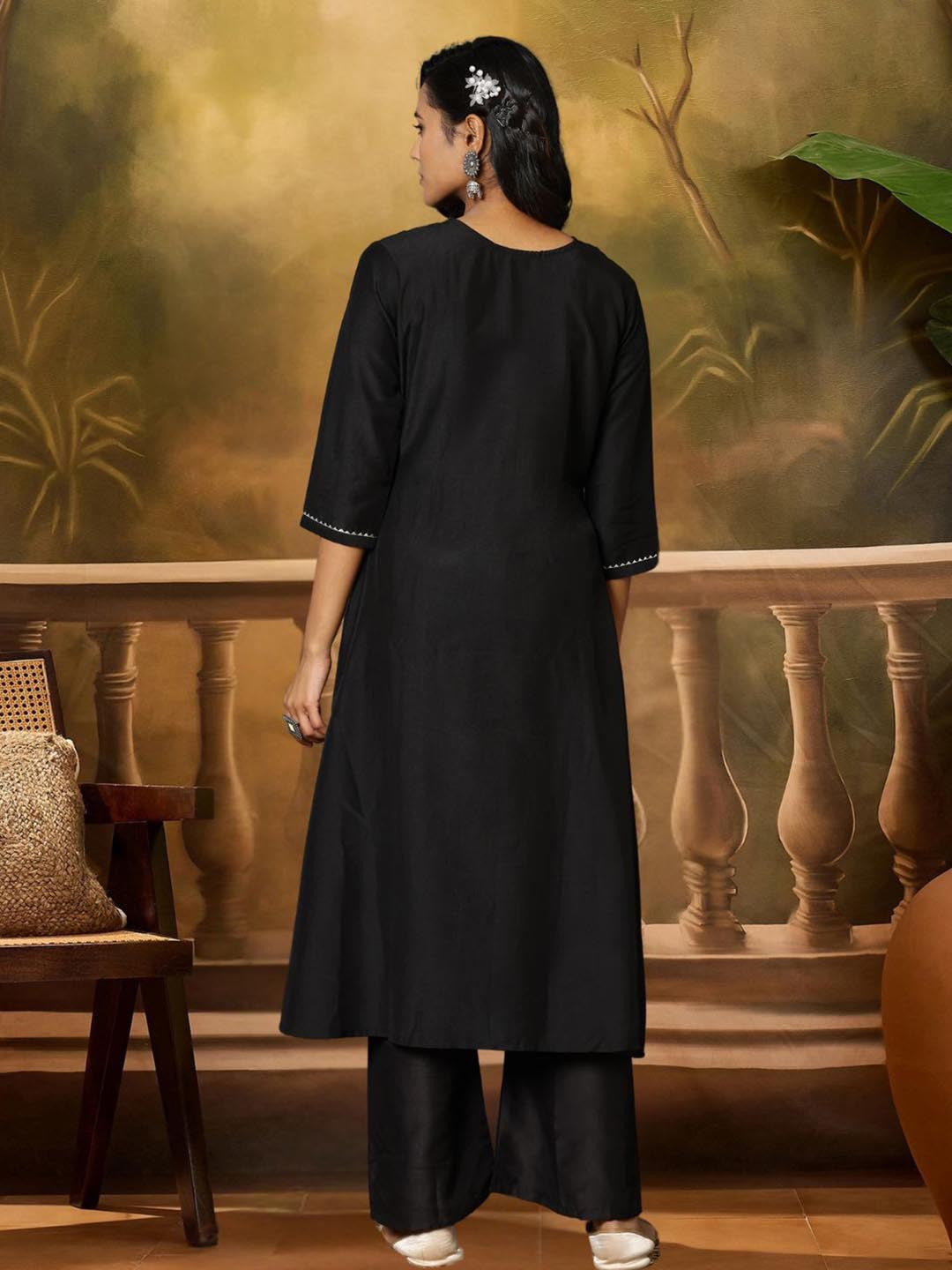 Women Black Cotton Silk Yoke Embroidery A-line Kurta Palazzo With Dupatta Set
