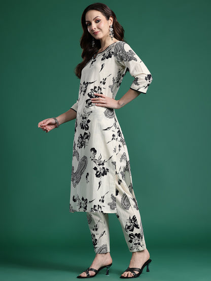 Women Floral Printed Regular Beads and Stones Pure Cotton Kurta with Trousers & With Dupatta