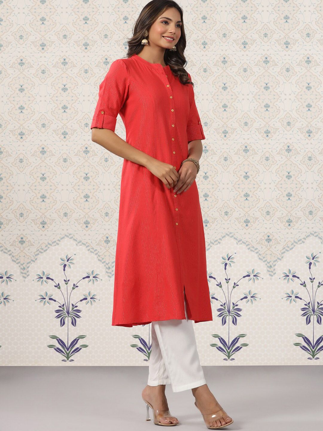 Dhiyona OD  Striped Mandarin Collar Roll Up Sleeves Kurta with Palazzos
