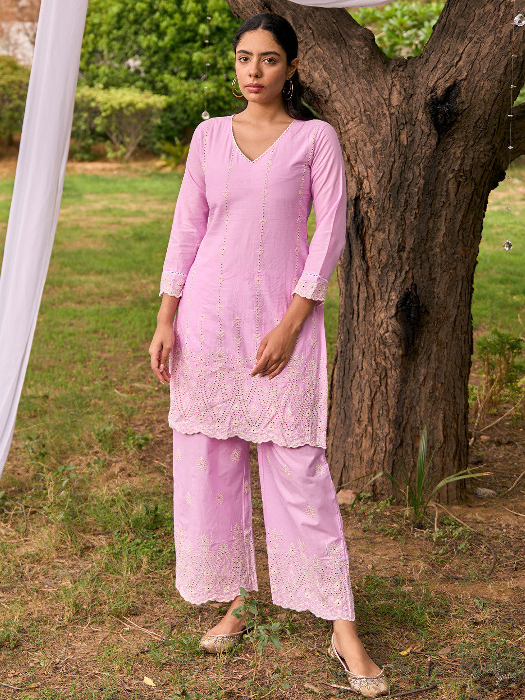 Self-Deisgn V-Neck Flared Sleeves Pure Cotton Kurta Set