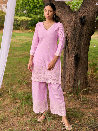 Self-Deisgn V-Neck Flared Sleeves Pure Cotton Kurta Set