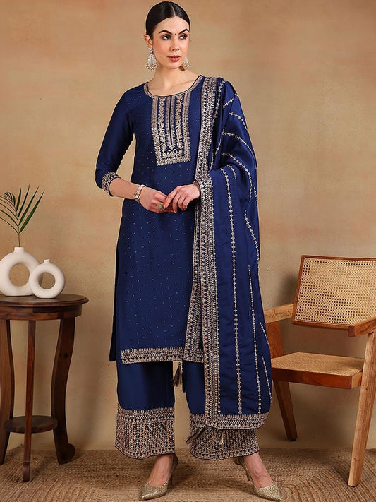 Dhiyona KL Women Ethnic Motifs Embroidered Regular Thread Work Kurta with Palazzos & With Dupatta