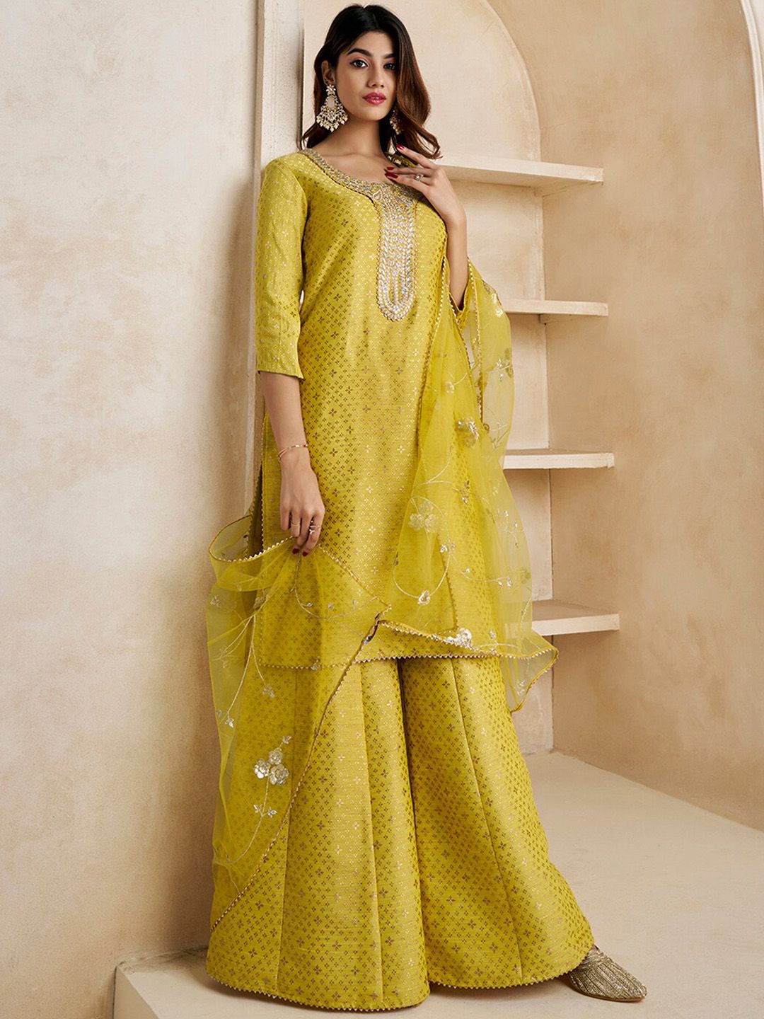 Dhiyona IN Mustard Gotta Patti Straight Kurta & Sharara With Dupatta