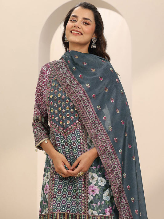 Floral Printed Round Neck Thread Work Straight Kurta With Palazzos & Dupatta