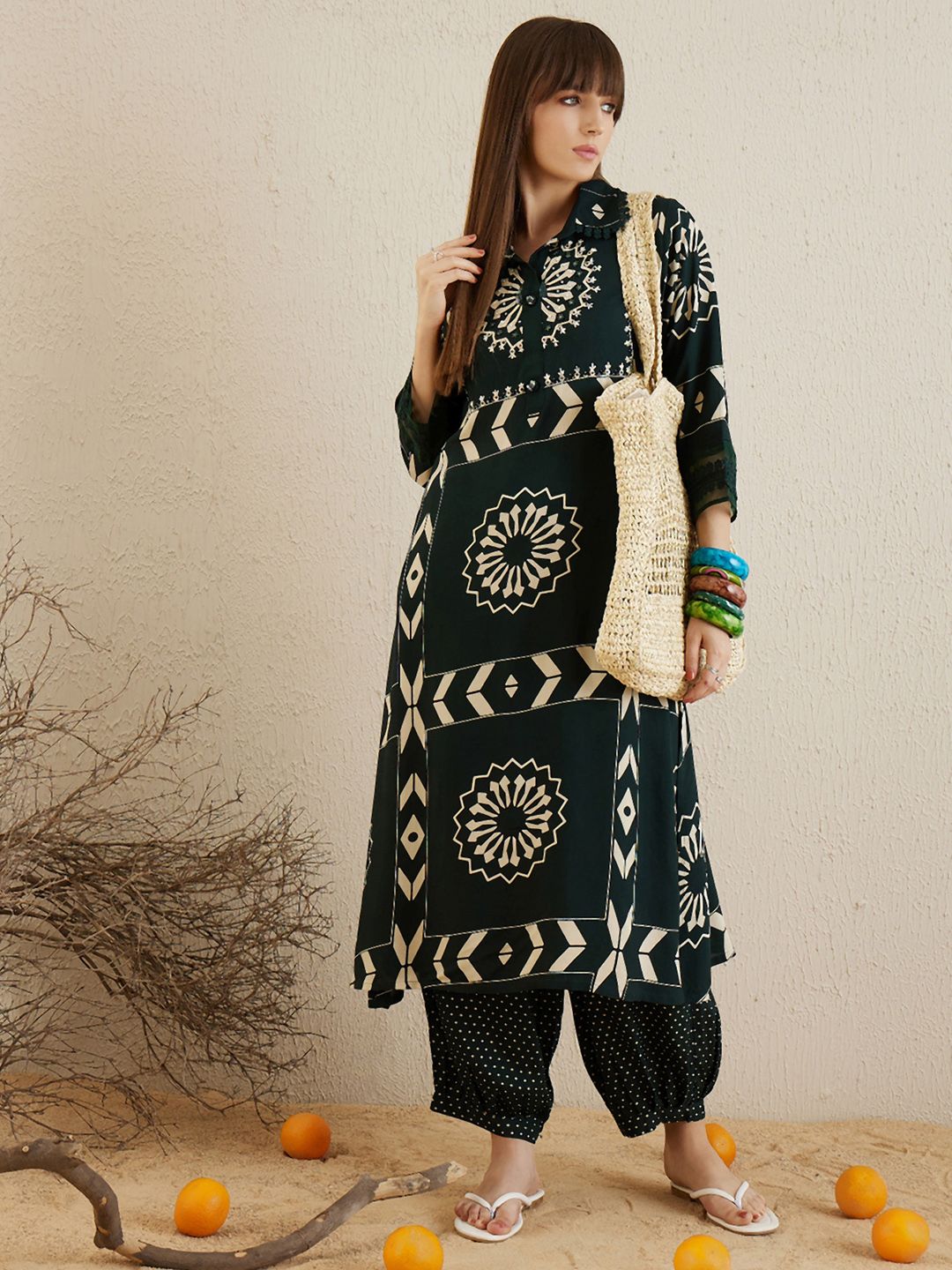Dhiyona IE Green Floral Printed Stones & Beads Shirt Collar Straight Kurta with Salwar