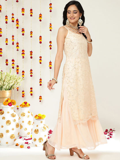 Dhiyona VA Floral Embroidered Sequinned Straight Kurta & Sharara With Dupatta