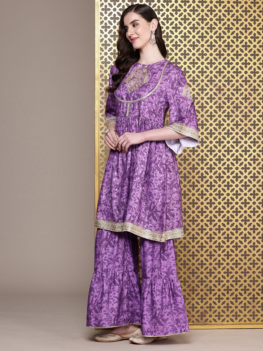 Dhiyona HOP Floral Printed Regular Sequinned Jashn Kurta with Sharara & Dupatta