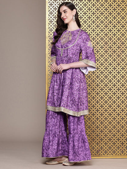 Dhiyona HOP Floral Printed Regular Sequinned Jashn Kurta with Sharara & Dupatta
