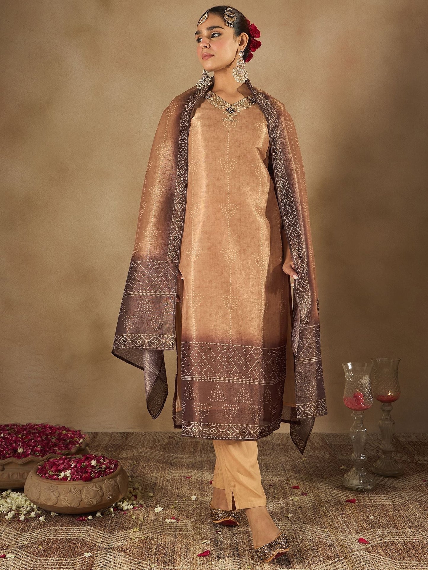 Dhiyona IE Floral Embroidered Embellished V-Neck Straight Kurta with Trouser And Dupatta