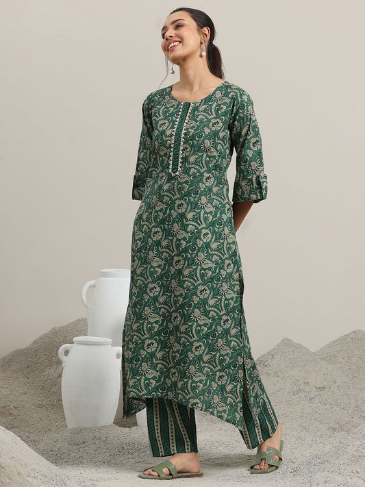 Floral Printed Gotta Patti Pure Cotton Straight Kurta with Trousers