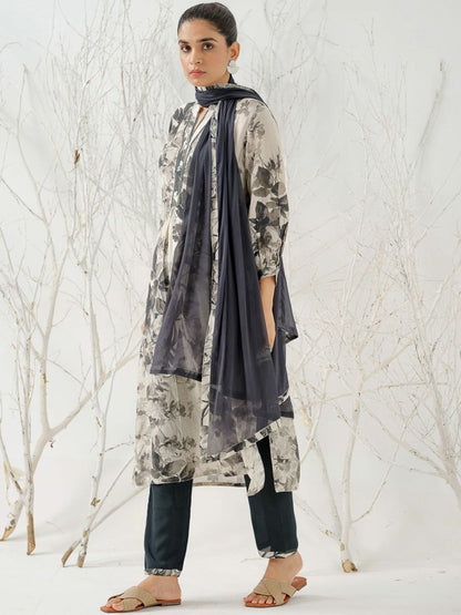 Dhiyona IS Women's Floral Printed Linen Straight Kurta with Trousers & Dupatta