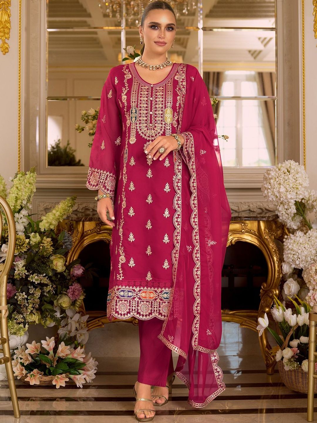 Dhiyona IE Women Ethnic Motifs Embroidered Kurta with Trousers & Dupatta