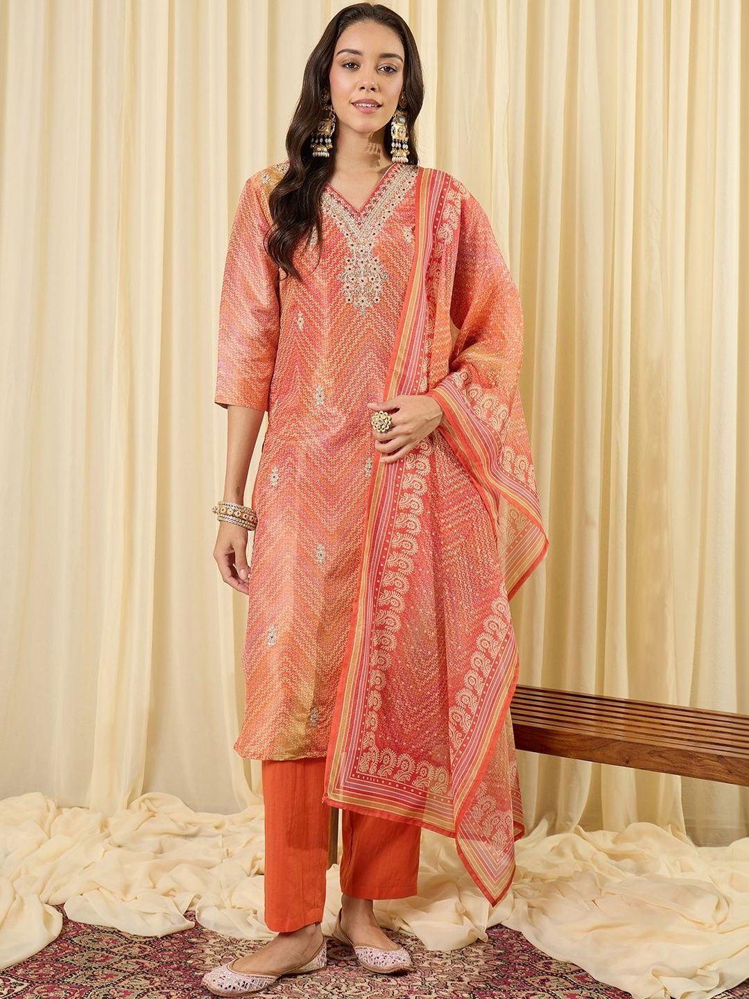 Women Printed Regular Thread Work Kurta with Trousers & With Dupatta