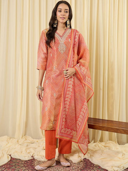 Women Printed Regular Thread Work Kurta with Trousers & With Dupatta