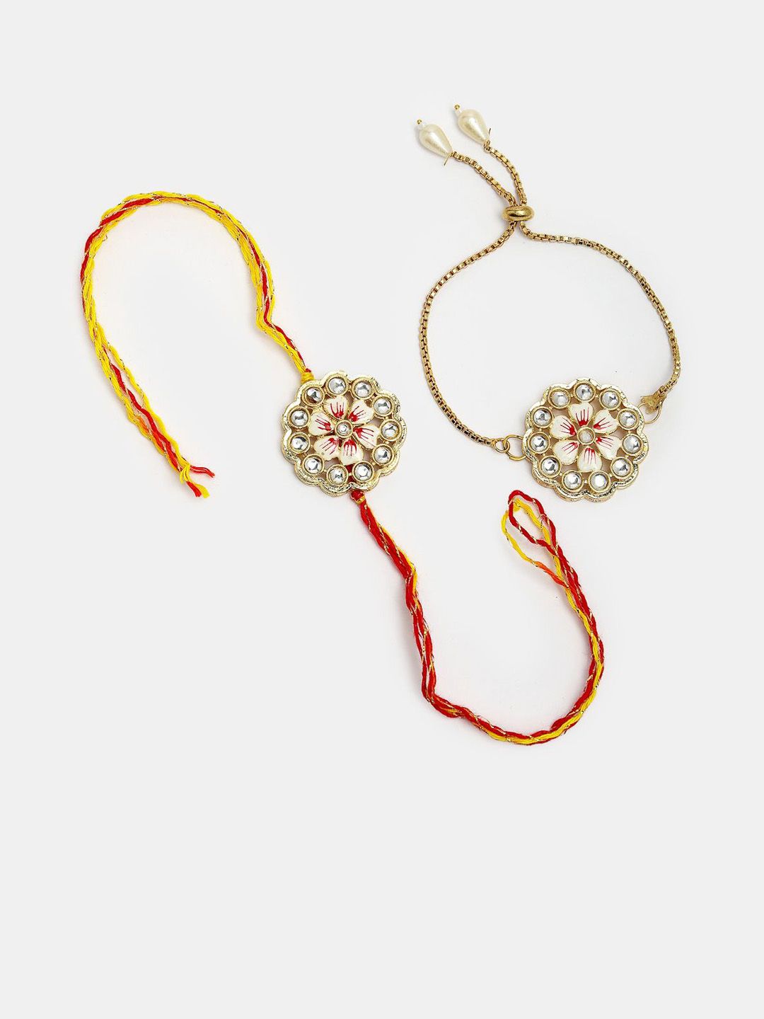 Dhiyona Unisex Set Of 2 Gold Kundan-Studded Bhaiya Bhabhi Rakhi Set With Roli Chawal