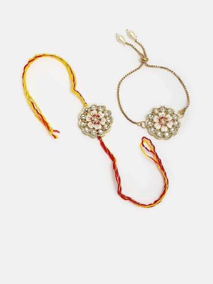 Dhiyona Unisex Set Of 2 Gold Kundan-Studded Bhaiya Bhabhi Rakhi Set With Roli Chawal
