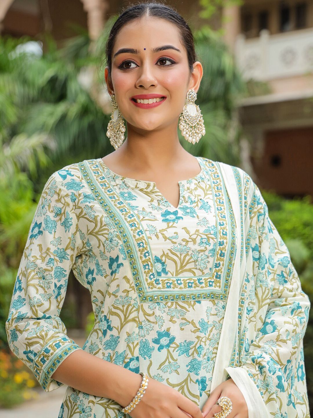 Dhiyona RR Women's Floral Printed Sequinned A-Line Pure Cotton Kurta with Trousers & Dupatta