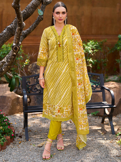Mustard Leheriya Printed Thread Work Pure Cotton Kurta with Trousers & Dupatta