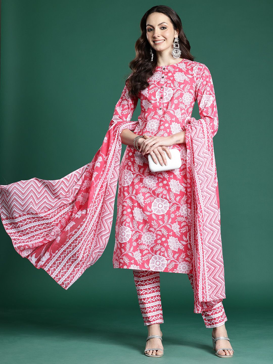 Dhiyona IE Floral Printed Pure Cotton Kurta with Trousers & Dupatta