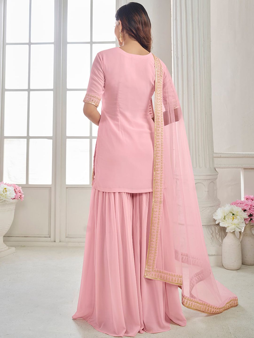 Dhiyona IN Ethnic Motifs Embroidered Regular Thread Work Kurti With Sharara & Dupatta