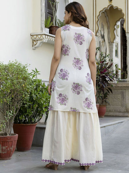 Dhiyona AN Women Floral Printed Regular Aari Work Pure Cotton Kurta with Sharara & With Dupatta