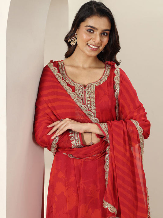 Womens Red Embroidered Anarkali Kurta With Trousers & Dupatta